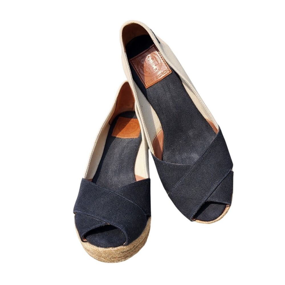Tory Burch Filipa Canvas Peep Toe Espadrille Wedges 9 - Picture 9 of 10